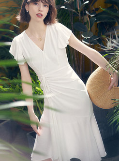 V-Neck Short Sleeve Wrap Waist Casual White Dress