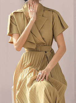 Notched Collar Commuter Pleated Dresses With Belt