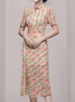 Vintage Short Sleeve Floral Print Cheongsam Dresses