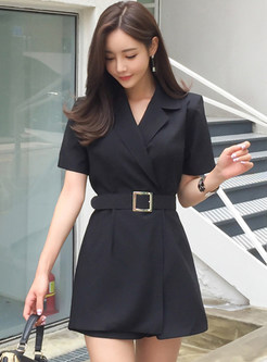 Women Notched Collar Solid Color Office Rompers