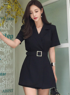 Women Notched Collar Solid Color Office Rompers