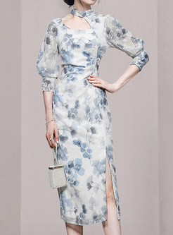 Halter Neck Half Sleeve Cutout Floral Print Bodycon Dresses