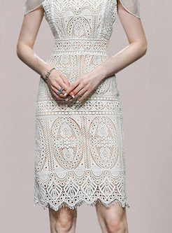 Square Neck Lace Embroidered Sheath Dresses