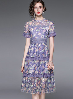 Elegant Floral Print Lace Patch Skater Dresses