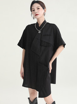 Turn-Down Collar Short Sleeve Asymmetrical Shirt Dress