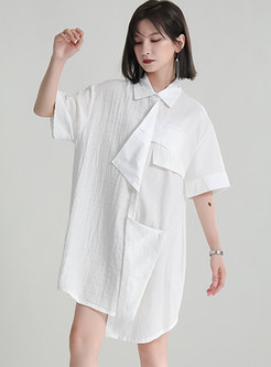 Turn-Down Collar Short Sleeve Asymmetrical Shirt Dress