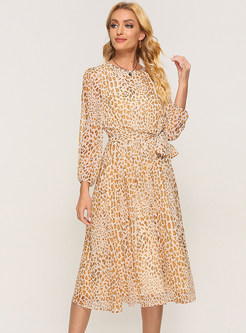 Long Sleeve Leopard Print Tie Waist Chiffon Dresses
