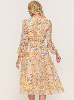 Long Sleeve Leopard Print Tie Waist Chiffon Dresses