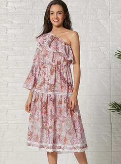One Shoulder Lantern Sleeve Floral Print Midi Dresses