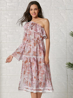 One Shoulder Lantern Sleeve Floral Print Midi Dresses