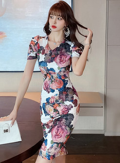 Puff Sleeve All Over Print Pencil Dresses