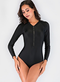 Long Sleeve Solid Color Women's Swimsuit