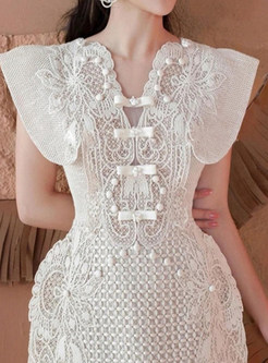 Sweetie Openwork Flutter Sleeve White Short Dresses