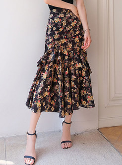 Summer Satin Floral Distored Selvedge Midi Skirts