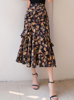 Summer Satin Floral Distored Selvedge Midi Skirts