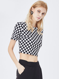 Fashion Short Sleeve Checkerboard Women Crop Tops