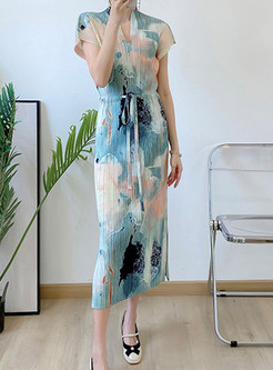 Stylish Stretchy Blurred Floral Tie Waist Bodycon Dresses