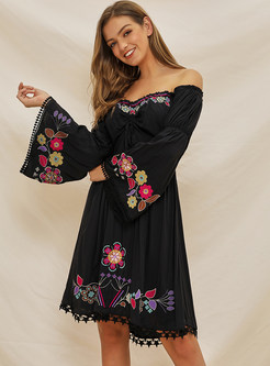 Off-The-Shoulder Flare Sleeve Embroidered Beach Dress