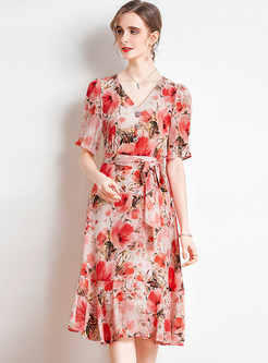 Summer V-Neck Blurred Floral Below Knee Dresses