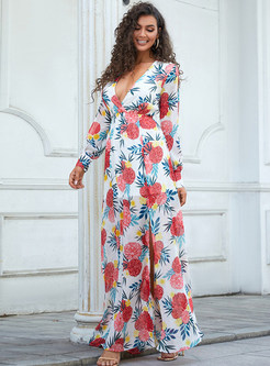Deep V-Neck Resort Allover Print Maxi Dresses