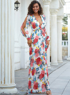 Deep V-Neck Resort Allover Print Maxi Dresses