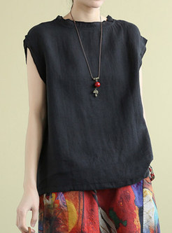 Solid Color Collared Linen Women Tanks