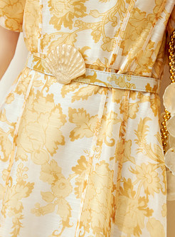 V-Neck Puff Sleeve Blurred Floral Midi Dresses