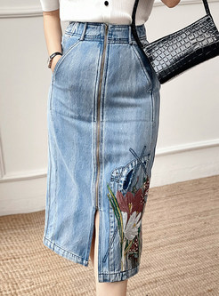 Slim Embroidered Zip-Up Denim Midi Skirts