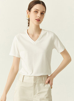 Solid Color Cotton Short Sleeve Tops For Women