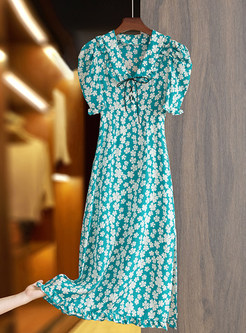 Silk Floral Turn-Down Collar Split Midi Dresses