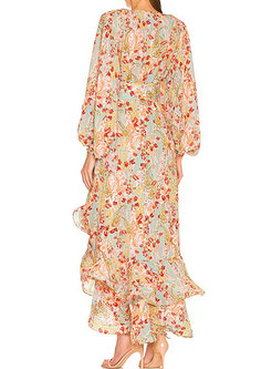 V-Neck Long Sleeve Wrap Waist Floral Dress