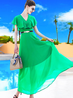Summer V-Neck Chiffon Green Maxi Dress
