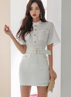 Casual Short Sleeve Single Button Down Mini Short Dress