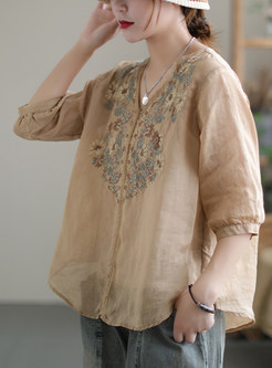 Women V-Neck Linen Embroidered Casual Blouses