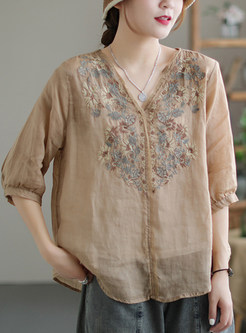 Women V-Neck Linen Embroidered Casual Blouses