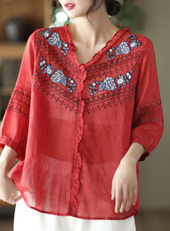 Casual Embroidered Ruffles Blouses for Women