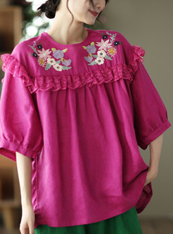 Women Loose Ethnic Embroidered Ruffles Blouses