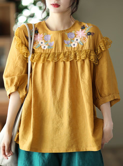 Women Loose Ethnic Embroidered Ruffles Blouses