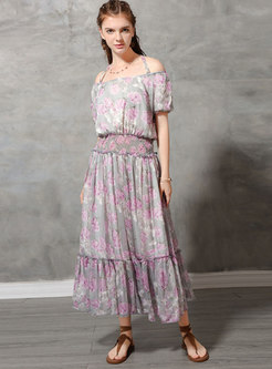 Women Off Shoulder Floral Print Casual Chiffon Dress