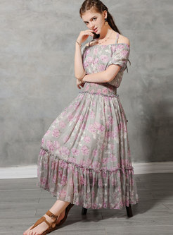 Women Off Shoulder Floral Print Casual Chiffon Dress