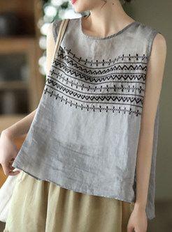 Womens Crew Neck Embroidered Linen Oversize Tanks