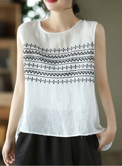 Womens Crew Neck Embroidered Linen Oversize Tanks
