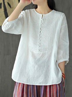 Solid Color Button Down 3/4 Sleeve Loose Women Blouses