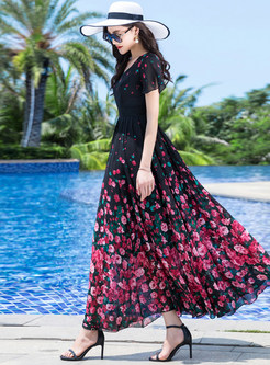 Summer V-Neck Floral Print Long Dresses