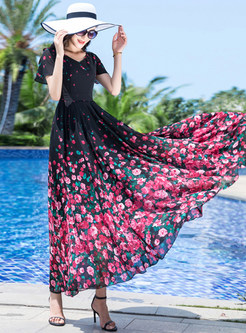 Summer V-Neck Floral Print Long Dresses
