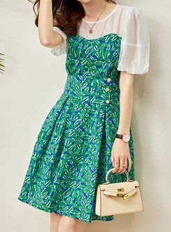 Puff Sleeve Mesh Splicing Floral Dresses