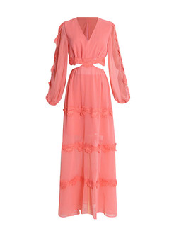 Beach Long Sleeve Waist Hollow Out Embroidered Maxi Dresses