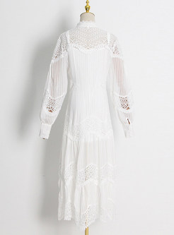 Hot Single-Breasted Lantern Sleeve Lace Patch Long Dresses