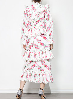 Pretty Circle Trims All Over Print Long Sleeve Pleated Layer Frill Dress