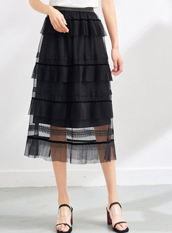 Women's Elastic Waist Mesh Tiered Ruffle Skirt